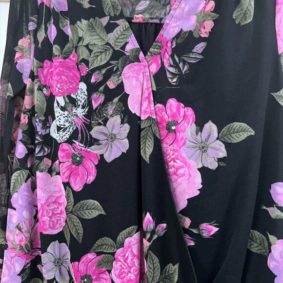 INC International Concepts Black Pink Floral Mesh Bell Sleeve Peasant Blouse Top - Picture 6 of 10